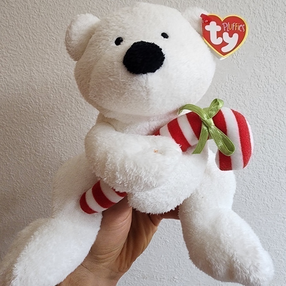 Ty Pluffies Bear 8in White Christmas Candy Cane Polar‎ bear 2005